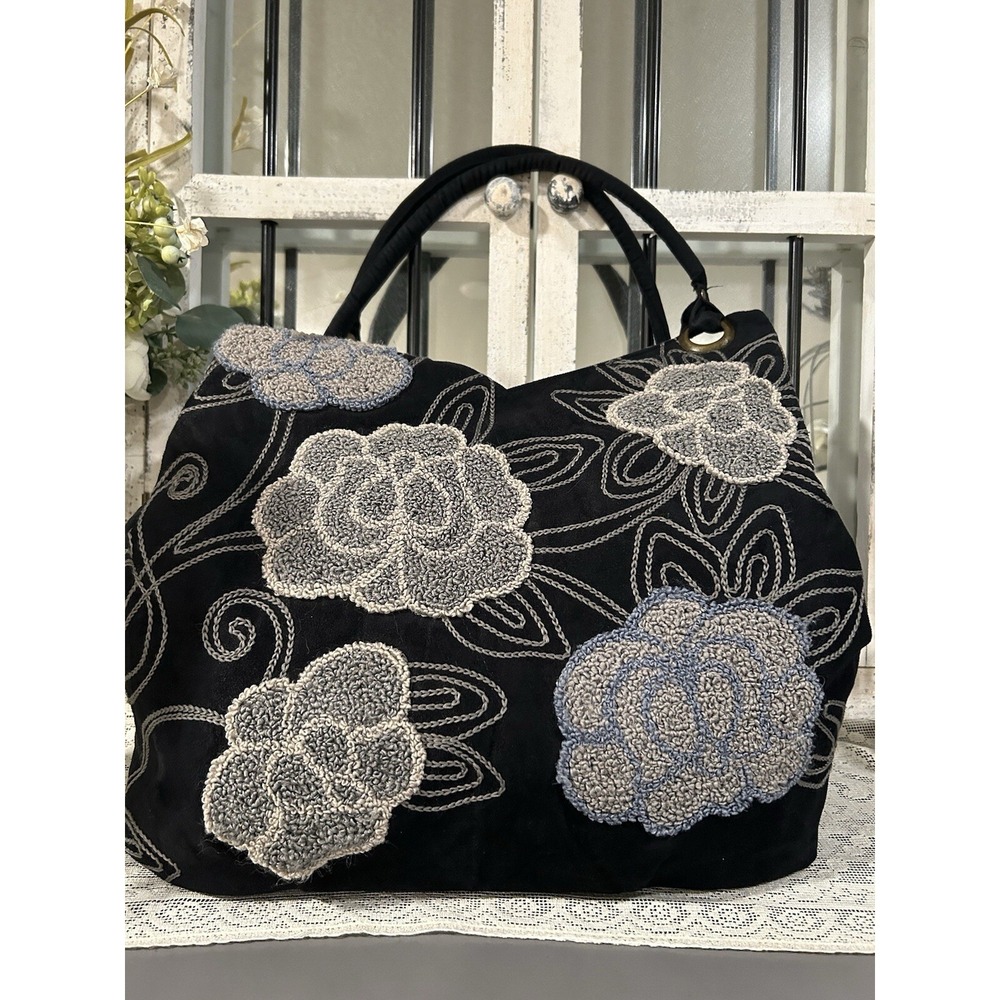 Angels by The Sea Waikiki Black Floral Crewel Embroidered Large Handbag Tote USA